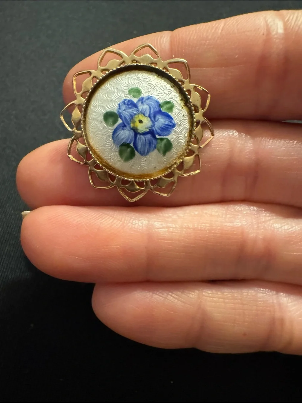 Vintage Guilloché Enamel Blue Floral Gold Tone Brooch Pin